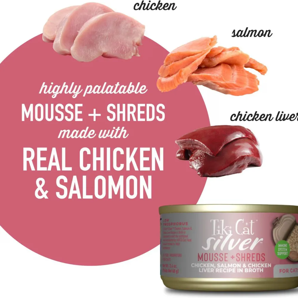 New Can Silver Mousse & Shreds Chicken, Salmon & Chicken Liver In Broth Wet Food Cans, Pouches, Tetra Paks, Etc.